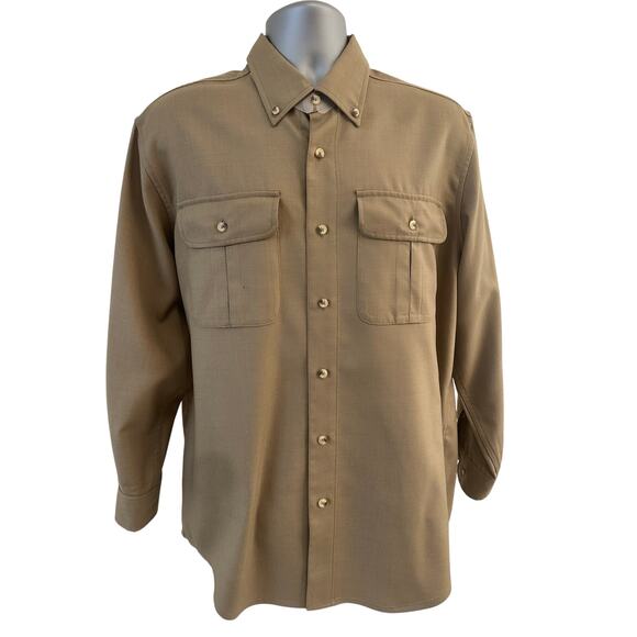 LL Bean Men's Large 284263 Flap Pocket 100% Wool Olive Green Button Down Shirt - Picture 2 of 12